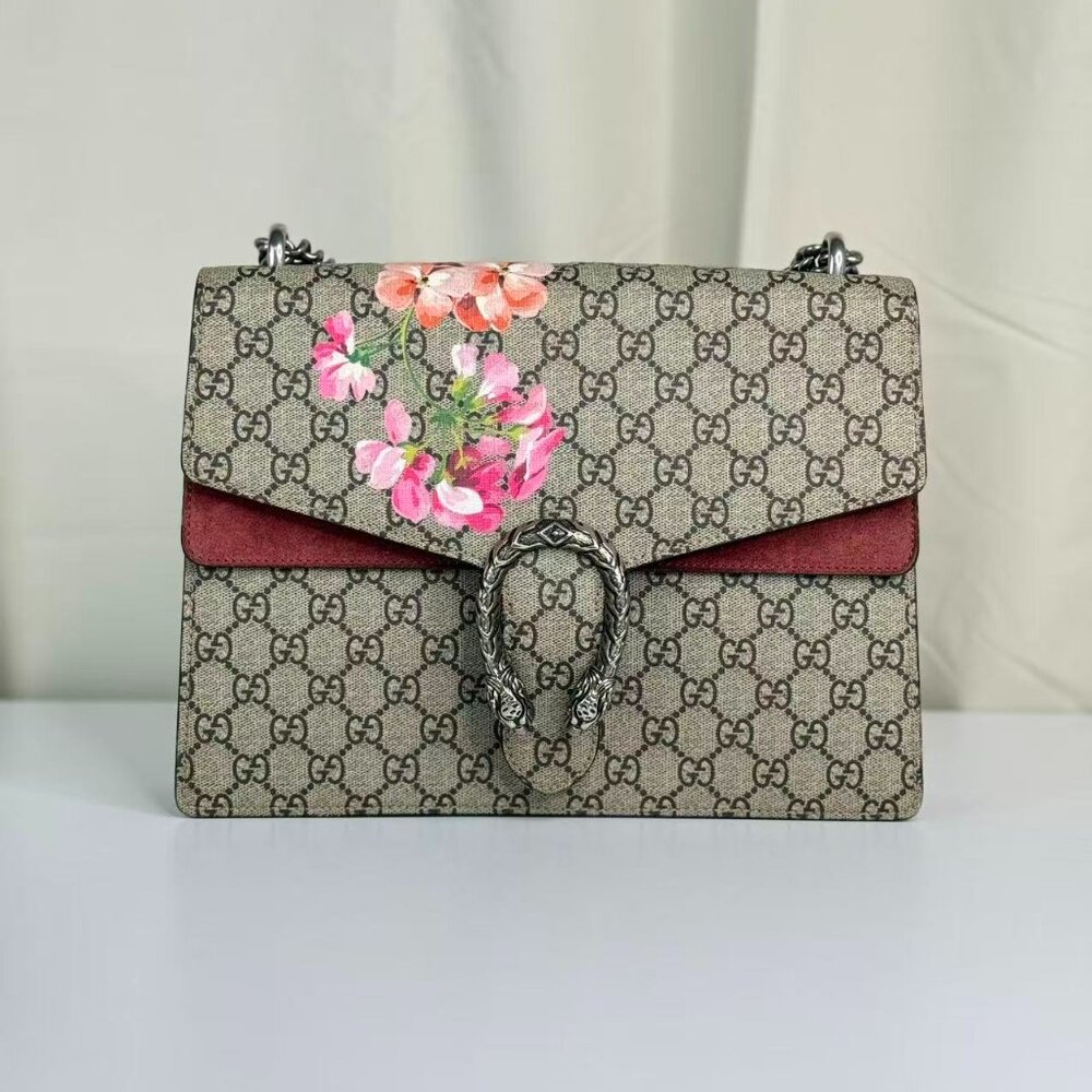Gucci GG Logo Supreme Large Dionysus Shoulder Bag with Floral Accent